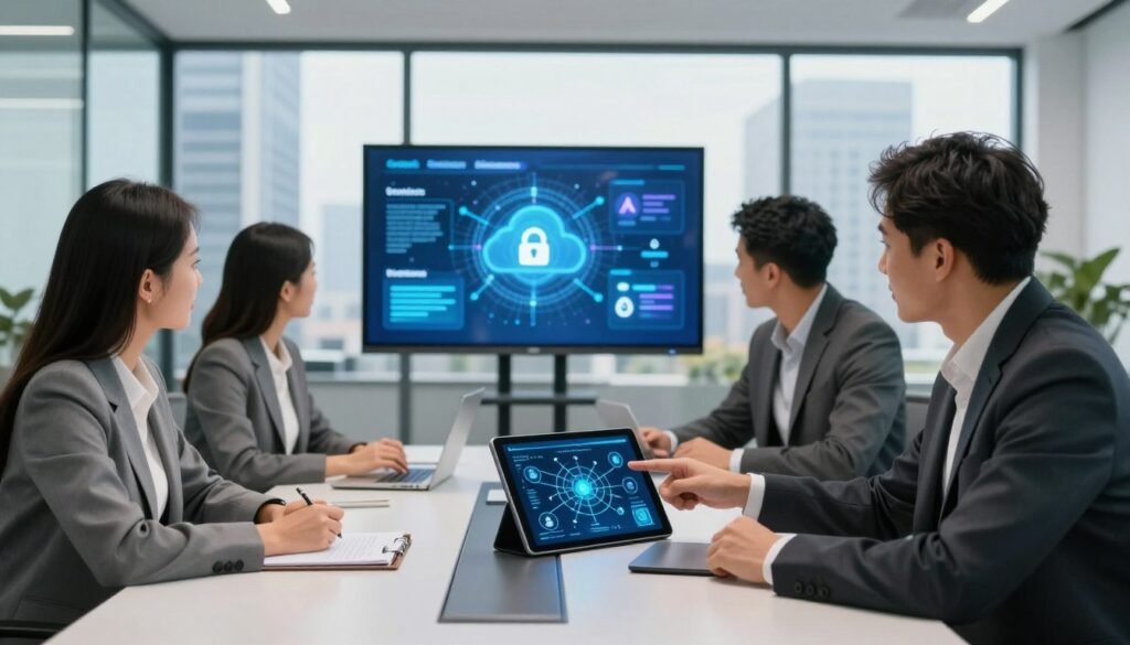 A modern office space featuring a sleek conference table surrounded by professionals in business attire discussing digital network solutions. In the foreground, a diverse group of three engaged individuals, one pointing at a digital tablet showing a user-friendly interface and network diagrams, highlighting key advantages like security, scalability, and efficiency. In the middle ground, a large screen displays vibrant infographics illustrating cloud services and connectivity. The background showcases glass walls with city skyline views, flooded with natural light. The atmosphere conveys collaboration and innovation, with a clean, contemporary aesthetic. The lighting is bright and airy, complemented by soft shadows to evoke a sense of productivity and professionalism. A modern office space featuring a sleek conference table surrounded by professionals in business attire discussing digital network solutions. In the foreground, a diverse group of three engaged individuals, one pointing at a digital tablet showing a user-friendly interface and network diagrams, highlighting key advantages like security, scalability, and efficiency. In the middle ground, a large screen displays vibrant infographics illustrating cloud services and connectivity. The background showcases glass walls with city skyline views, flooded with natural light. The atmosphere conveys collaboration and innovation, with a clean, contemporary aesthetic. The lighting is bright and airy, complemented by soft shadows to evoke a sense of productivity and professionalism.