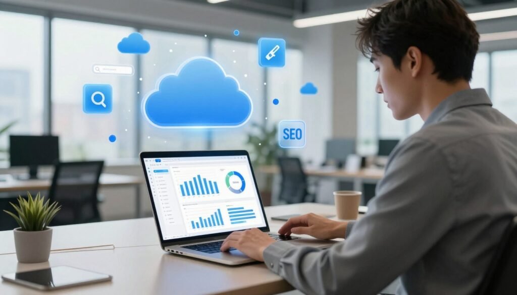 A modern office workspace depicting cloud hosting and SEO performance, showcasing a sleek laptop with a bright screen displaying data analytics and website metrics. In the foreground, a professional in business attire analyzes performance graphs and charts, surrounded by digital interfaces illustrating cloud technology. The middle layer includes floating icons of cloud services and SEO elements, like search bars and speed symbols, creating a dynamic feel. The background features a contemporary office with large windows allowing natural light to flood in, enhancing a vibrant and productive atmosphere. The overall mood is inspiring and professional, emphasizing efficiency and innovation in web development. A modern office workspace depicting cloud hosting and SEO performance, showcasing a sleek laptop with a bright screen displaying data analytics and website metrics. In the foreground, a professional in business attire analyzes performance graphs and charts, surrounded by digital interfaces illustrating cloud technology. The middle layer includes floating icons of cloud services and SEO elements, like search bars and speed symbols, creating a dynamic feel. The background features a contemporary office with large windows allowing natural light to flood in, enhancing a vibrant and productive atmosphere. The overall mood is inspiring and professional, emphasizing efficiency and innovation in web development.