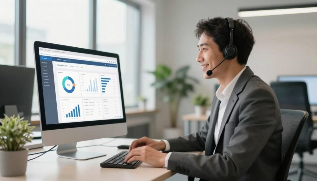 A modern, professional tech support scene highlighting "الدعم الفني لمنشئ المواقع". Foreground: a friendly technical support representative in business attire, appearing approachable and knowledgeable, seated at a sleek desk with a computer displaying website elements. Middle ground: a large monitor with charts and analytics, showcasing website performance metrics. Background: a bright, open office environment with large windows, natural light pouring in, and a few plants for a calming atmosphere. The lighting is soft and warm, creating an inviting mood. The angle is slightly low to emphasize the professionalism of the scene, capturing the essence of technical support excellence for website creation. A modern, professional tech support scene highlighting "الدعم الفني لمنشئ المواقع". Foreground: a friendly technical support representative in business attire, appearing approachable and knowledgeable, seated at a sleek desk with a computer displaying website elements. Middle ground: a large monitor with charts and analytics, showcasing website performance metrics. Background: a bright, open office environment with large windows, natural light pouring in, and a few plants for a calming atmosphere. The lighting is soft and warm, creating an inviting mood. The angle is slightly low to emphasize the professionalism of the scene, capturing the essence of technical support excellence for website creation.