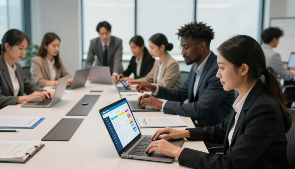 A modern, professional workspace bustling with activity, featuring a diverse group of professionals in business attire engaged in job searching on computers and mobile devices. In the foreground, a woman of Asian descent is focused on her laptop, with vibrant job listings visible on the screen. The middle ground showcases a well-lit conference table scattered with resumes and laptops, while a man of African descent shares insights with a colleague, pointing at a digital job board displaying ZipRecruiter’s interface. The background features a sleek office environment with large windows letting in natural light, creating an uplifting atmosphere. Soft, warm lighting casts inviting shadows, emphasizing collaboration and opportunity. Capture a sense of determination and optimism for job seekers. A modern, professional workspace bustling with activity, featuring a diverse group of professionals in business attire engaged in job searching on computers and mobile devices. In the foreground, a woman of Asian descent is focused on her laptop, with vibrant job listings visible on the screen. The middle ground showcases a well-lit conference table scattered with resumes and laptops, while a man of African descent shares insights with a colleague, pointing at a digital job board displaying ZipRecruiter’s interface. The background features a sleek office environment with large windows letting in natural light, creating an uplifting atmosphere. Soft, warm lighting casts inviting shadows, emphasizing collaboration and opportunity. Capture a sense of determination and optimism for job seekers.