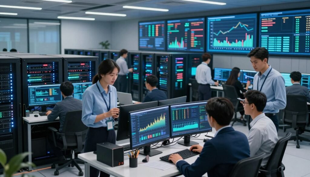 A modern, sleek data center during a busy workday, showcasing advanced technology and vibrant activity. In the foreground, a diverse group of IT professionals in professional business attire collaborates around a high-tech console displaying dynamic graphs of web traffic spikes. The middle ground features rows of powerful servers with LED lights pulsing softly, indicating the seamless operation of auto-scaling features. In the background, large screens showcase visualizations of increased web traffic and resource allocation in real-time. Bright, ambient lighting enhances the tech-savvy atmosphere. The composition captures the essence of scalable web hosting services, emphasizing efficiency and innovation, with a focus on teamwork and advanced technology integration. A modern, sleek data center during a busy workday, showcasing advanced technology and vibrant activity. In the foreground, a diverse group of IT professionals in professional business attire collaborates around a high-tech console displaying dynamic graphs of web traffic spikes. The middle ground features rows of powerful servers with LED lights pulsing softly, indicating the seamless operation of auto-scaling features. In the background, large screens showcase visualizations of increased web traffic and resource allocation in real-time. Bright, ambient lighting enhances the tech-savvy atmosphere. The composition captures the essence of scalable web hosting services, emphasizing efficiency and innovation, with a focus on teamwork and advanced technology integration.