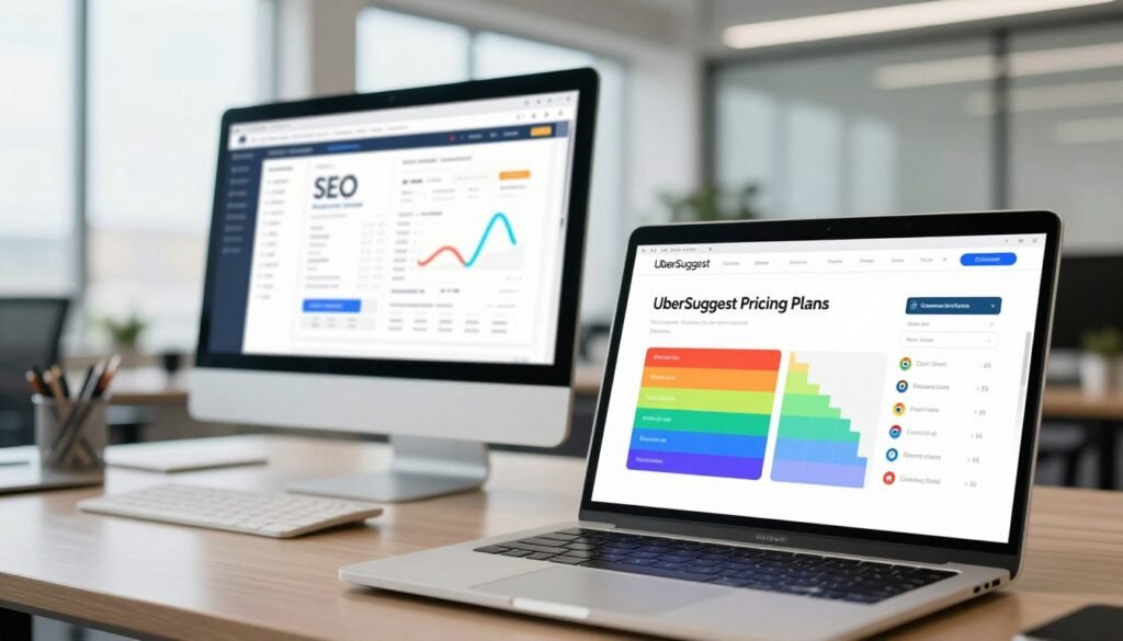 A modern, sleek digital workspace showcasing the UberSuggest pricing plans and Chrome extension. In the foreground, a laptop displays the UberSuggest interface with colorful pricing tiers illustrated as visually appealing cards. The middle section features a stylish desktop with SEO-related tools and graphs, suggesting productivity. In the background, a bright, well-lit office environment with large windows emitting natural light enhances the atmosphere. The overall mood is professional yet inviting, emphasizing a sense of discovery and innovation. A subtle focus on the laptop provides depth, shot from a slightly elevated angle to convey the digital user experience while ensuring clarity of the displayed information. A modern, sleek digital workspace showcasing the UberSuggest pricing plans and Chrome extension. In the foreground, a laptop displays the UberSuggest interface with colorful pricing tiers illustrated as visually appealing cards. The middle section features a stylish desktop with SEO-related tools and graphs, suggesting productivity. In the background, a bright, well-lit office environment with large windows emitting natural light enhances the atmosphere. The overall mood is professional yet inviting, emphasizing a sense of discovery and innovation. A subtle focus on the laptop provides depth, shot from a slightly elevated angle to convey the digital user experience while ensuring clarity of the displayed information.