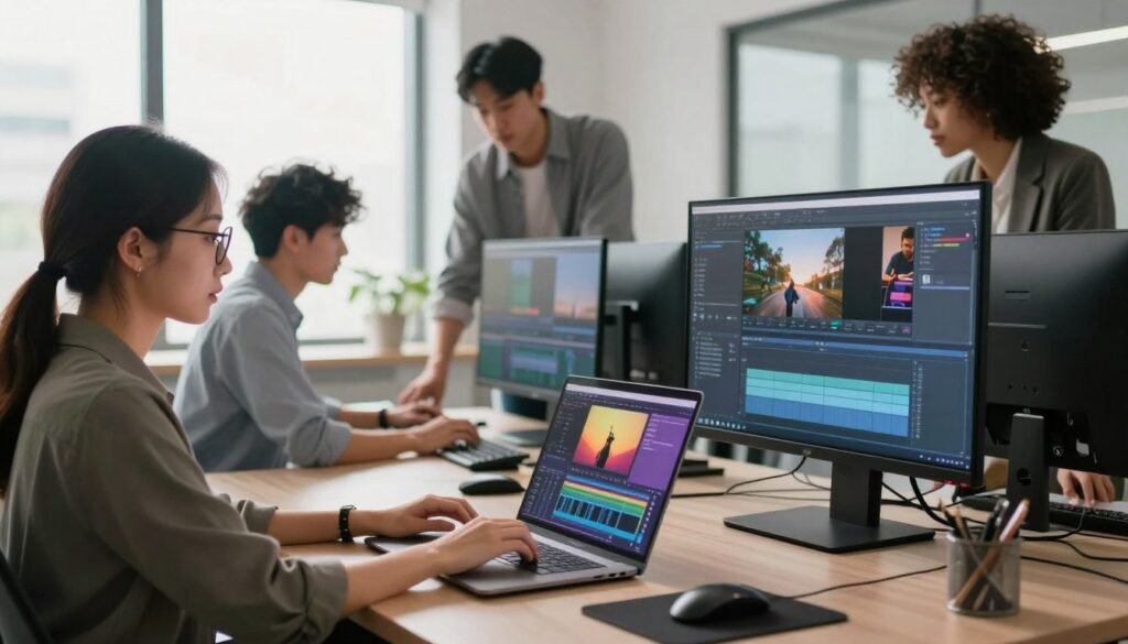 A modern, sleek editing suite featuring a diverse group of three professionals working on video editing. In the foreground, a woman with glasses in smart casual attire is focused on a laptop screen displaying colorful video editing software. In the middle ground, a man in a business shirt interacts with an advanced editing console, while a third professional, wearing a professional blazer, reviews footage on a large monitor. The background showcases a bright, contemporary office with large windows letting in natural sunlight, creating a productive and innovative atmosphere. The overall mood is collaborative and dynamic, emphasizing creativity and technology in video editing. Soft, warm lighting enhances the inviting workspace, and the angle captures all three collaborative elements seamlessly. A modern, sleek editing suite featuring a diverse group of three professionals working on video editing. In the foreground, a woman with glasses in smart casual attire is focused on a laptop screen displaying colorful video editing software. In the middle ground, a man in a business shirt interacts with an advanced editing console, while a third professional, wearing a professional blazer, reviews footage on a large monitor. The background showcases a bright, contemporary office with large windows letting in natural sunlight, creating a productive and innovative atmosphere. The overall mood is collaborative and dynamic, emphasizing creativity and technology in video editing. Soft, warm lighting enhances the inviting workspace, and the angle captures all three collaborative elements seamlessly.