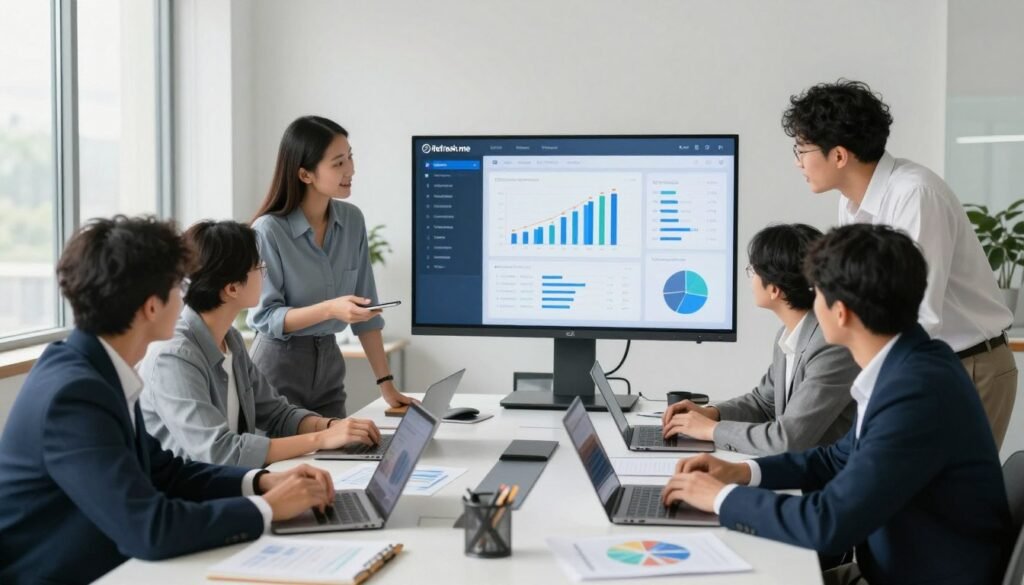 A modern workspace illustrating the essential features and functions of Refresh.me, set in a bright, well-lit office environment. In the foreground, a diverse group of professionals in business attire are engaged in a collaborative discussion around a large table with laptops and charts, symbolizing teamwork and innovation. The middle ground showcases a digital screen displaying dynamic data analytics and budgeting visuals, representing the core functionality of the application. In the background, large windows allow natural light to flood the room, creating an inviting atmosphere. The mood is focused and professional, embodying productivity and efficiency, with a clean, organized aesthetic that emphasizes the theme of budget improvement. A modern workspace illustrating the essential features and functions of Refresh.me, set in a bright, well-lit office environment. In the foreground, a diverse group of professionals in business attire are engaged in a collaborative discussion around a large table with laptops and charts, symbolizing teamwork and innovation. The middle ground showcases a digital screen displaying dynamic data analytics and budgeting visuals, representing the core functionality of the application. In the background, large windows allow natural light to flood the room, creating an inviting atmosphere. The mood is focused and professional, embodying productivity and efficiency, with a clean, organized aesthetic that emphasizes the theme of budget improvement.