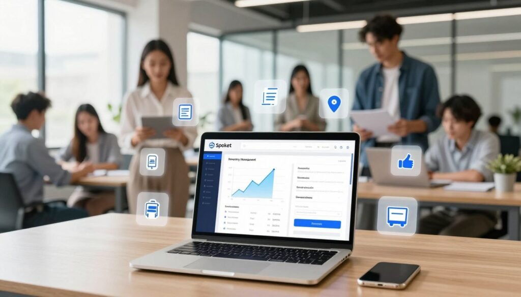 A modern workspace illustrating the key features and tools of the Spocket dropshipping platform. In the foreground, a laptop displays an intuitive dashboard with sleek graphs, product listings, and an integrated payment system, conveying ease of use. Surrounding the laptop, various icons representing features like inventory management, shipping solutions, and customer support hover in a dynamic, engaging layout. In the middle, a diverse group of professionals in business attire collaborates, analyzing data and discussing strategies, highlighting teamwork and innovation. The background features a bright, open office with large windows letting in natural light, adding to a vibrant and optimistic atmosphere. Use a wide-angle lens for depth and clarity, capturing the essence of a productive dropshipping environment. Ensure a polished, high-tech aesthetic throughout the image. A modern workspace illustrating the key features and tools of the Spocket dropshipping platform. In the foreground, a laptop displays an intuitive dashboard with sleek graphs, product listings, and an integrated payment system, conveying ease of use. Surrounding the laptop, various icons representing features like inventory management, shipping solutions, and customer support hover in a dynamic, engaging layout. In the middle, a diverse group of professionals in business attire collaborates, analyzing data and discussing strategies, highlighting teamwork and innovation. The background features a bright, open office with large windows letting in natural light, adding to a vibrant and optimistic atmosphere. Use a wide-angle lens for depth and clarity, capturing the essence of a productive dropshipping environment. Ensure a polished, high-tech aesthetic throughout the image.