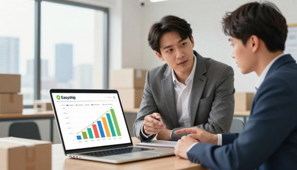 A professional and clean digital illustration depicting a shipping price comparison for Easyship services. In the foreground, show a sleek laptop displaying a colorful chart comparing shipping rates with various carriers. A pair of professional individuals, dressed in business attire, discuss the data with focused expressions. In the middle, include a modern office environment with a large window letting in natural light, showcasing a city skyline outside. The background should be filled with shipping supplies like boxes and labels, subtly implying the logistics theme. The atmosphere is informative and engaging, emphasizing efficiency and trust in Easyship's shipping options. Use soft, balanced lighting to create a welcoming yet professional mood. A professional and clean digital illustration depicting a shipping price comparison for Easyship services. In the foreground, show a sleek laptop displaying a colorful chart comparing shipping rates with various carriers. A pair of professional individuals, dressed in business attire, discuss the data with focused expressions. In the middle, include a modern office environment with a large window letting in natural light, showcasing a city skyline outside. The background should be filled with shipping supplies like boxes and labels, subtly implying the logistics theme. The atmosphere is informative and engaging, emphasizing efficiency and trust in Easyship's shipping options. Use soft, balanced lighting to create a welcoming yet professional mood.