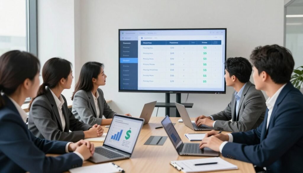 A professional and inviting office environment focused on pricing plans and value evaluation for a project management software. In the foreground, a well-organized meeting table with laptops, notepads, and presentations displaying graphs and dollar signs. In the middle, a diverse group of professionals in business attire, engaged in discussion about the software's pricing options, showcasing a collaborative atmosphere. The background features a large screen with a sleek digital display of a pricing model, infused with modern design elements. Bright, natural lighting streams through large windows, creating an optimistic, forward-thinking vibe. The angle captures the dynamism of the discussion while emphasizing the software's importance in project management efficiency. A professional and inviting office environment focused on pricing plans and value evaluation for a project management software. In the foreground, a well-organized meeting table with laptops, notepads, and presentations displaying graphs and dollar signs. In the middle, a diverse group of professionals in business attire, engaged in discussion about the software's pricing options, showcasing a collaborative atmosphere. The background features a large screen with a sleek digital display of a pricing model, infused with modern design elements. Bright, natural lighting streams through large windows, creating an optimistic, forward-thinking vibe. The angle captures the dynamism of the discussion while emphasizing the software's importance in project management efficiency.