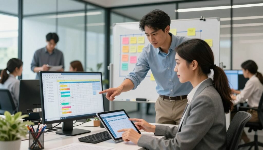 A professional office setting depicting a team of diverse individuals engaged in scheduling and dispatching tasks. In the foreground, a focused woman in business attire is interacting with a digital tablet displaying a scheduling application. Beside her, a man in smart casual clothing is pointing at a computer screen that shows a dynamic task management interface. In the middle, a whiteboard features colorful charts and sticky notes symbolizing task organization. In the background, a modern office with glass walls allows natural light to stream in, illuminating collaborative workspaces where team members are engaged in discussions. The atmosphere is productive and collaborative, emphasizing teamwork and efficiency in a dynamic work environment. The image captures a sense of purpose and professionalism, featuring bright, soft lighting to create an inviting mood. A professional office setting depicting a team of diverse individuals engaged in scheduling and dispatching tasks. In the foreground, a focused woman in business attire is interacting with a digital tablet displaying a scheduling application. Beside her, a man in smart casual clothing is pointing at a computer screen that shows a dynamic task management interface. In the middle, a whiteboard features colorful charts and sticky notes symbolizing task organization. In the background, a modern office with glass walls allows natural light to stream in, illuminating collaborative workspaces where team members are engaged in discussions. The atmosphere is productive and collaborative, emphasizing teamwork and efficiency in a dynamic work environment. The image captures a sense of purpose and professionalism, featuring bright, soft lighting to create an inviting mood.