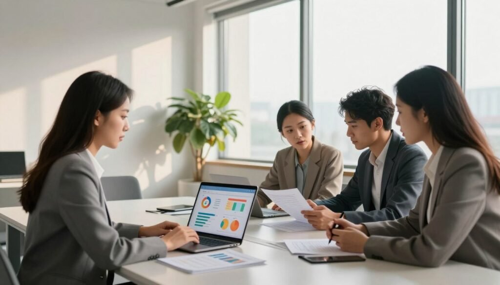 A professional office setting showcasing a diverse group of three individuals engaged in discussion around a sleek conference table. In the foreground, a businesswoman in a tailored suit uses a laptop to display a colorful infographic illustrating savings from a training platform. Next to her, a businessman in smart casual attire is analyzing financial charts on paper. In the background, large windows provide ample natural light, illuminating a modern office with minimalistic decor. The atmosphere is collaborative and focused, highlighting the significance of training efficiency. Soft shadows suggest late afternoon lighting, creating a warm, productive mood, while a large plant by the window adds a touch of freshness to the scene. A professional office setting showcasing a diverse group of three individuals engaged in discussion around a sleek conference table. In the foreground, a businesswoman in a tailored suit uses a laptop to display a colorful infographic illustrating savings from a training platform. Next to her, a businessman in smart casual attire is analyzing financial charts on paper. In the background, large windows provide ample natural light, illuminating a modern office with minimalistic decor. The atmosphere is collaborative and focused, highlighting the significance of training efficiency. Soft shadows suggest late afternoon lighting, creating a warm, productive mood, while a large plant by the window adds a touch of freshness to the scene.