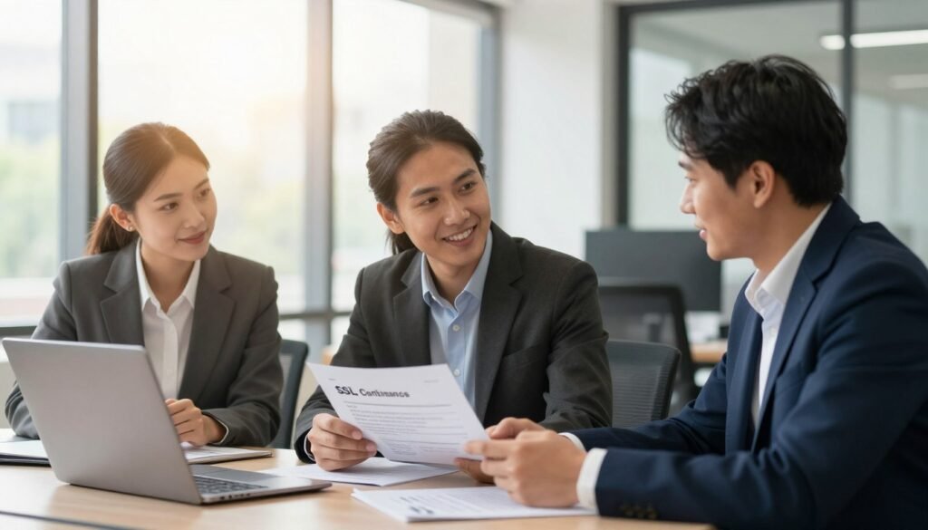 A professional office setting where a diverse group of three people—two men and one woman—are engaged in a discussion around a table. Each individual is dressed in smart business attire, showcasing a blend of professionalism and approachability. On the table, laptops and SSL certificate documents are spread out, reflecting an atmosphere of collaboration and trust. The background features a modern office with large windows letting in soft, natural sunlight, creating a warm and inviting ambiance. The focus is on their expressions, which convey satisfaction and engagement as they review customer experiences, with a bokeh effect subtly blurring the background for emphasis. The overall mood is optimistic and constructive, emphasizing connectivity and security in online transactions. A professional office setting where a diverse group of three people—two men and one woman—are engaged in a discussion around a table. Each individual is dressed in smart business attire, showcasing a blend of professionalism and approachability. On the table, laptops and SSL certificate documents are spread out, reflecting an atmosphere of collaboration and trust. The background features a modern office with large windows letting in soft, natural sunlight, creating a warm and inviting ambiance. The focus is on their expressions, which convey satisfaction and engagement as they review customer experiences, with a bokeh effect subtly blurring the background for emphasis. The overall mood is optimistic and constructive, emphasizing connectivity and security in online transactions.