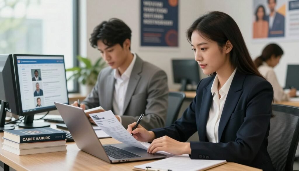 A professional setting showcasing a diverse group of individuals engaging in a job search activity. In the foreground, a confident young woman, dressed in smart business attire, is reviewing her resume on a laptop, while a focused young man, also in professional clothing, takes notes on a notepad next to her. In the middle, an array of job application resources, such as blinking screens displaying job openings and a stack of career advice books. The background features a modern office environment with motivational posters about job searching and networking. Soft, natural lighting filters through large windows, creating a warm and encouraging atmosphere, evoking a sense of determination and optimism. A professional setting showcasing a diverse group of individuals engaging in a job search activity. In the foreground, a confident young woman, dressed in smart business attire, is reviewing her resume on a laptop, while a focused young man, also in professional clothing, takes notes on a notepad next to her. In the middle, an array of job application resources, such as blinking screens displaying job openings and a stack of career advice books. The background features a modern office environment with motivational posters about job searching and networking. Soft, natural lighting filters through large windows, creating a warm and encouraging atmosphere, evoking a sense of determination and optimism.