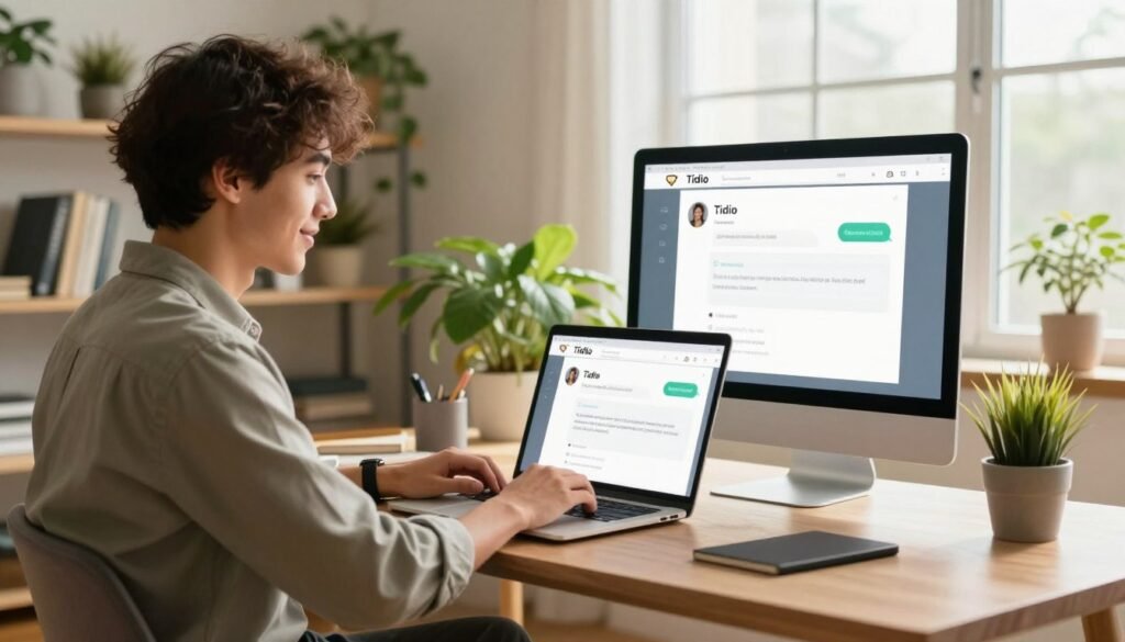 A professional user interacting with a chat platform, seated at a modern desk in a cozy home office, is the focal point of the image. The foreground features a focused young adult, wearing smart-casual attire, looking at their computer screen with a subtle smile, suggesting a positive experience with the Tidio chat service. In the middle, a sleek laptop displays a friendly chat interface, while vibrant houseplants add a touch of life. The background showcases soft shelves filled with books and tasteful decor items, illuminated by warm, natural light streaming through a large window. The overall atmosphere is inviting and productive, capturing the essence of an ideal online shopping experience with efficient customer service. Use a warm color palette to enhance the friendly mood. A professional user interacting with a chat platform, seated at a modern desk in a cozy home office, is the focal point of the image. The foreground features a focused young adult, wearing smart-casual attire, looking at their computer screen with a subtle smile, suggesting a positive experience with the Tidio chat service. In the middle, a sleek laptop displays a friendly chat interface, while vibrant houseplants add a touch of life. The background showcases soft shelves filled with books and tasteful decor items, illuminated by warm, natural light streaming through a large window. The overall atmosphere is inviting and productive, capturing the essence of an ideal online shopping experience with efficient customer service. Use a warm color palette to enhance the friendly mood.