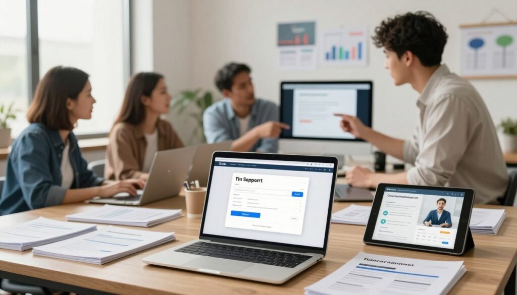 A professional workspace illustrating customer support resources for a website builder. In the foreground, a laptop displaying the Duda website builder interface with an open support chat window. Surrounding the laptop are neatly organized resources like user manuals, guides, and a tablet showing video tutorials. In the middle, a diverse group of three individuals in business casual attire—two men and one woman—collaborate, looking engaged while discussing ideas and sharing screens. In the background, a wall with pinned infographics and a large window letting in soft, natural light, creating an inviting atmosphere. The scene conveys a sense of teamwork, learning, and accessibility to support, with a warm, productive mood enhanced by a soft focus and gentle lens blur on the background elements. A professional workspace illustrating customer support resources for a website builder. In the foreground, a laptop displaying the Duda website builder interface with an open support chat window. Surrounding the laptop are neatly organized resources like user manuals, guides, and a tablet showing video tutorials. In the middle, a diverse group of three individuals in business casual attire—two men and one woman—collaborate, looking engaged while discussing ideas and sharing screens. In the background, a wall with pinned infographics and a large window letting in soft, natural light, creating an inviting atmosphere. The scene conveys a sense of teamwork, learning, and accessibility to support, with a warm, productive mood enhanced by a soft focus and gentle lens blur on the background elements.