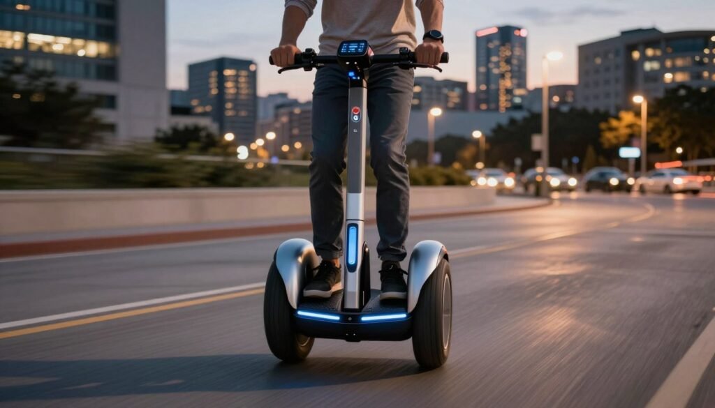 A sleek InMotion electric unicycle with advanced features, showcasing its smart technology, futuristic design, and illuminated accents. In the foreground, the unicycle is prominently displayed, highlighting its compact frame and digital interface. In the middle ground, a rider, dressed in modest casual clothing, confidently maneuvers through an urban landscape, depicting a sense of freedom and innovation. The background features a modern city skyline at dusk, with warm street lights reflecting off nearby buildings, creating a dynamic atmosphere. The scene is captured with a wide-angle lens, emphasizing the speed and agility of the unicycle, while a soft focus blurs the periphery, drawing attention to the rider and the smart features of the device. The overall mood is energetic and inspiring, perfect for illustrating an exceptional riding experience. A sleek InMotion electric unicycle with advanced features, showcasing its smart technology, futuristic design, and illuminated accents. In the foreground, the unicycle is prominently displayed, highlighting its compact frame and digital interface. In the middle ground, a rider, dressed in modest casual clothing, confidently maneuvers through an urban landscape, depicting a sense of freedom and innovation. The background features a modern city skyline at dusk, with warm street lights reflecting off nearby buildings, creating a dynamic atmosphere. The scene is captured with a wide-angle lens, emphasizing the speed and agility of the unicycle, while a soft focus blurs the periphery, drawing attention to the rider and the smart features of the device. The overall mood is energetic and inspiring, perfect for illustrating an exceptional riding experience.