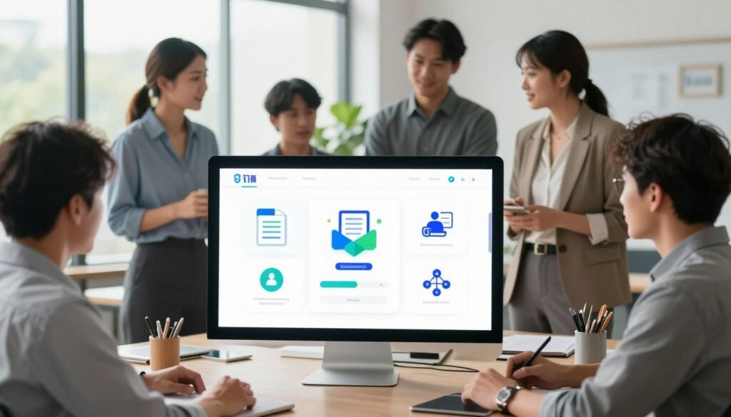 A sleek and modern all-in-one business system interface displayed prominently in the foreground, featuring vibrant icons representing various business functions like documentation, training, and collaboration. In the middle, a diverse group of professionals in smart business attire, engaged in discussion and collaboration around the system, showcasing engagement and teamwork. The background features a serene office space with large windows, letting in natural light, and plants for a fresh ambiance. The lighting is bright and inviting, emphasizing a productive atmosphere. Capture the image with a slight depth of field, focusing on the system while softly blurring the group interaction to enhance the central theme of business efficiency and simplicity. The overall mood should be optimistic and innovative. A sleek and modern all-in-one business system interface displayed prominently in the foreground, featuring vibrant icons representing various business functions like documentation, training, and collaboration. In the middle, a diverse group of professionals in smart business attire, engaged in discussion and collaboration around the system, showcasing engagement and teamwork. The background features a serene office space with large windows, letting in natural light, and plants for a fresh ambiance. The lighting is bright and inviting, emphasizing a productive atmosphere. Capture the image with a slight depth of field, focusing on the system while softly blurring the group interaction to enhance the central theme of business efficiency and simplicity. The overall mood should be optimistic and innovative.