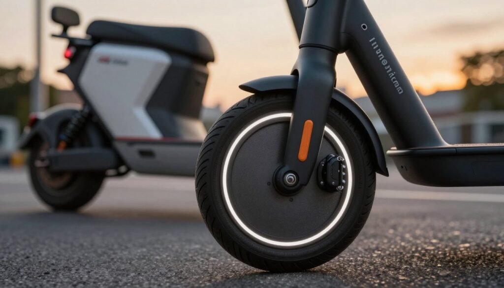 A sleek and modern electric scooter wheel from the InMotion product lineup, prominently displayed in the foreground against a blurred urban street scene. The wheel showcases its innovative design with a futuristic touch, featuring smooth lines, an illuminated hub, and durable tread patterns. In the middle ground, include a stylish electric scooter partially visible, highlighting its craftsmanship and modern technology, giving a sense of mobility. The background features a cityscape at dusk, with warm golden hour lighting that creates a dynamic contrast against the scooter's sleek design. Capture the atmosphere of excitement and innovation, suitable for technology enthusiasts and urban commuters. Use a shallow depth of field to keep focus on the scooter wheel while softly blurring the surroundings. A sleek and modern electric scooter wheel from the InMotion product lineup, prominently displayed in the foreground against a blurred urban street scene. The wheel showcases its innovative design with a futuristic touch, featuring smooth lines, an illuminated hub, and durable tread patterns. In the middle ground, include a stylish electric scooter partially visible, highlighting its craftsmanship and modern technology, giving a sense of mobility. The background features a cityscape at dusk, with warm golden hour lighting that creates a dynamic contrast against the scooter's sleek design. Capture the atmosphere of excitement and innovation, suitable for technology enthusiasts and urban commuters. Use a shallow depth of field to keep focus on the scooter wheel while softly blurring the surroundings.
