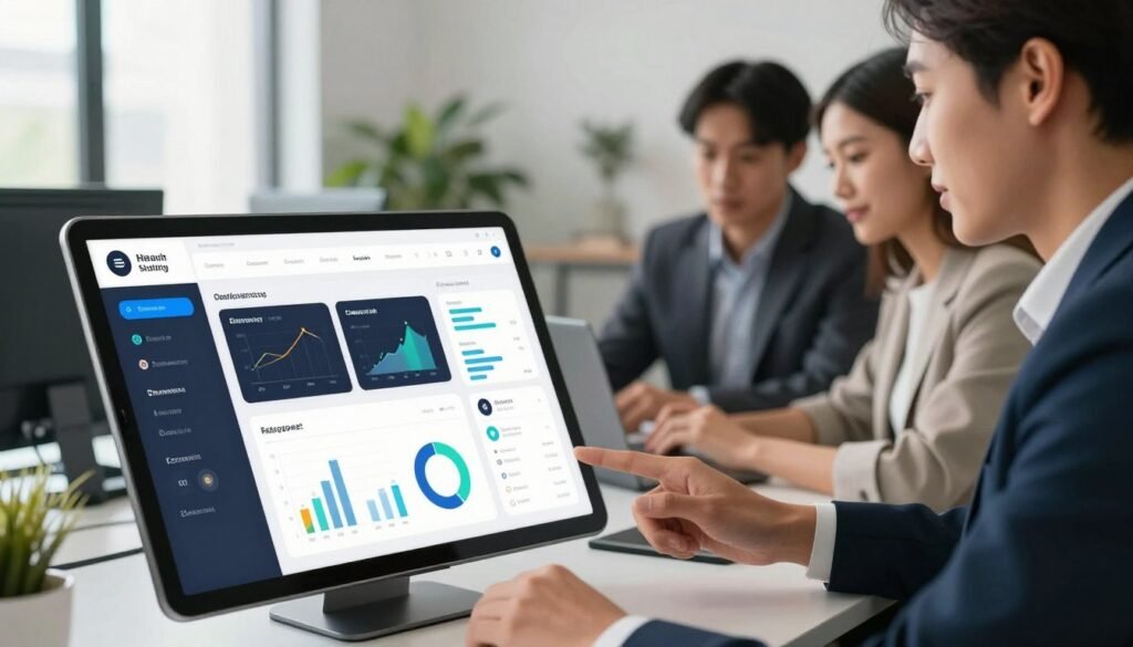 A sleek and modern user experience platform interface is vividly displayed in the foreground, showcasing an interactive dashboard filled with various data visualizations, user metrics, and analytics tools. The middle ground features a diverse group of three professionals, dressed in business attire, collaborating around a digital tablet that reflects the interface design. The background includes a softly lit, elegant office environment with large windows letting in natural light, plants for a touch of nature, and subtle tech-themed decor. The atmosphere is focused and collaborative, emphasizing efficiency and user-centric design. This composition is captured from a slightly elevated angle with a shallow depth of field to highlight the interface and the engaged professionals, creating a vibrant and dynamic visual narrative. A sleek and modern user experience platform interface is vividly displayed in the foreground, showcasing an interactive dashboard filled with various data visualizations, user metrics, and analytics tools. The middle ground features a diverse group of three professionals, dressed in business attire, collaborating around a digital tablet that reflects the interface design. The background includes a softly lit, elegant office environment with large windows letting in natural light, plants for a touch of nature, and subtle tech-themed decor. The atmosphere is focused and collaborative, emphasizing efficiency and user-centric design. This composition is captured from a slightly elevated angle with a shallow depth of field to highlight the interface and the engaged professionals, creating a vibrant and dynamic visual narrative.