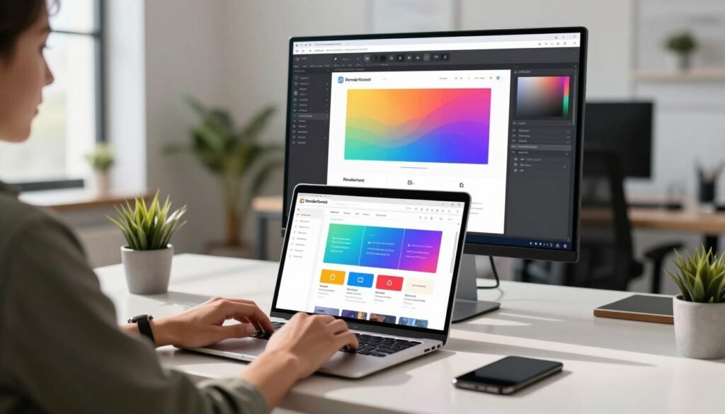 A sleek and modern workspace showcasing the process of building a website using Renderforest. In the foreground, a person in smart casual attire is attentively focused on a laptop, with the Renderforest interface displayed on the screen, featuring vibrant design templates. In the middle ground, a large monitor shows visual elements like graphics and editing tools being used, hinting at a creative flow. The background features a well-lit office environment with contemporary decor, emphasizing a professional yet comfortable layout. Natural light floods the scene through large windows, casting soft shadows that enhance the atmosphere of innovation and productivity. Overall, the image conveys an energetic and inspiring mood, perfect for illustrating the website-building journey. A sleek and modern workspace showcasing the process of building a website using Renderforest. In the foreground, a person in smart casual attire is attentively focused on a laptop, with the Renderforest interface displayed on the screen, featuring vibrant design templates. In the middle ground, a large monitor shows visual elements like graphics and editing tools being used, hinting at a creative flow. The background features a well-lit office environment with contemporary decor, emphasizing a professional yet comfortable layout. Natural light floods the scene through large windows, casting soft shadows that enhance the atmosphere of innovation and productivity. Overall, the image conveys an energetic and inspiring mood, perfect for illustrating the website-building journey.