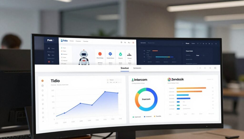 A sleek, modern dashboard comparing live chat software features. In the foreground, vibrant graphs and performance metrics highlight Tidio alongside competitors like Intercom and Zendesk, showcasing chat volume, response times, and automation features. The middle layer features user-friendly interface sections, with icons representing chatbots and analytics, all displayed on a high-resolution screen. The background is a blurred, professional office environment with soft, ambient lighting that emphasizes a sense of productivity and technology. The scene is viewed from a slight angle, giving depth to the dashboard. The overall mood is one of efficiency and innovation, evoking the competitive landscape of live chat software. A sleek, modern dashboard comparing live chat software features. In the foreground, vibrant graphs and performance metrics highlight Tidio alongside competitors like Intercom and Zendesk, showcasing chat volume, response times, and automation features. The middle layer features user-friendly interface sections, with icons representing chatbots and analytics, all displayed on a high-resolution screen. The background is a blurred, professional office environment with soft, ambient lighting that emphasizes a sense of productivity and technology. The scene is viewed from a slight angle, giving depth to the dashboard. The overall mood is one of efficiency and innovation, evoking the competitive landscape of live chat software.
