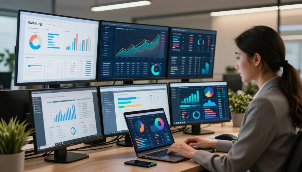 A sleek, modern office environment showcasing an array of built-in marketing analytics tools displayed on multiple computer screens. In the foreground, a professional woman, dressed in business attire, is analyzing the vibrant graphs and data on her laptop with a focused expression. The middle layer features a large digital dashboard with colorful charts, metrics, and visual analytics elements like growth trends and user engagement statistics. The background displays a stylish workspace with greenery and soft lighting, creating a productive atmosphere. The scene captures the essence of digital marketing empowerment, highlighting the efficiency and innovation offered by these tools in a contemporary setting, illuminated by warm, inviting light that conveys a sense of optimism and growth. A sleek, modern office environment showcasing an array of built-in marketing analytics tools displayed on multiple computer screens. In the foreground, a professional woman, dressed in business attire, is analyzing the vibrant graphs and data on her laptop with a focused expression. The middle layer features a large digital dashboard with colorful charts, metrics, and visual analytics elements like growth trends and user engagement statistics. The background displays a stylish workspace with greenery and soft lighting, creating a productive atmosphere. The scene captures the essence of digital marketing empowerment, highlighting the efficiency and innovation offered by these tools in a contemporary setting, illuminated by warm, inviting light that conveys a sense of optimism and growth.