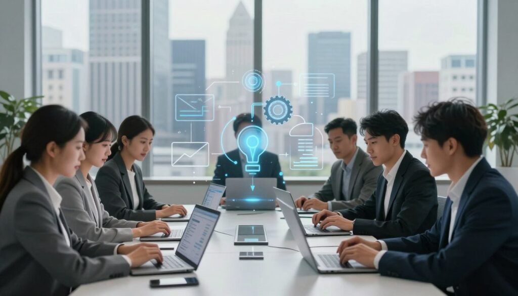 A sleek, modern office environment showcasing the concept of marketing automation and workflow. In the foreground, a diverse group of professional individuals, dressed in business attire, collaborates intently around a high-tech table with laptops and digital devices displaying data analytics. In the middle, clear visual metaphors for automation, such as gears, flowcharts, and graphs, seamlessly integrate with the technology being used. The background features a large window with a view of a bustling city skyline, letting in soft, natural light that creates a calm and focused atmosphere. The overall mood is one of innovation and productivity, emphasizing the transformative power of Moosend's automation tools in email marketing. A sleek, modern office environment showcasing the concept of marketing automation and workflow. In the foreground, a diverse group of professional individuals, dressed in business attire, collaborates intently around a high-tech table with laptops and digital devices displaying data analytics. In the middle, clear visual metaphors for automation, such as gears, flowcharts, and graphs, seamlessly integrate with the technology being used. The background features a large window with a view of a bustling city skyline, letting in soft, natural light that creates a calm and focused atmosphere. The overall mood is one of innovation and productivity, emphasizing the transformative power of Moosend's automation tools in email marketing.