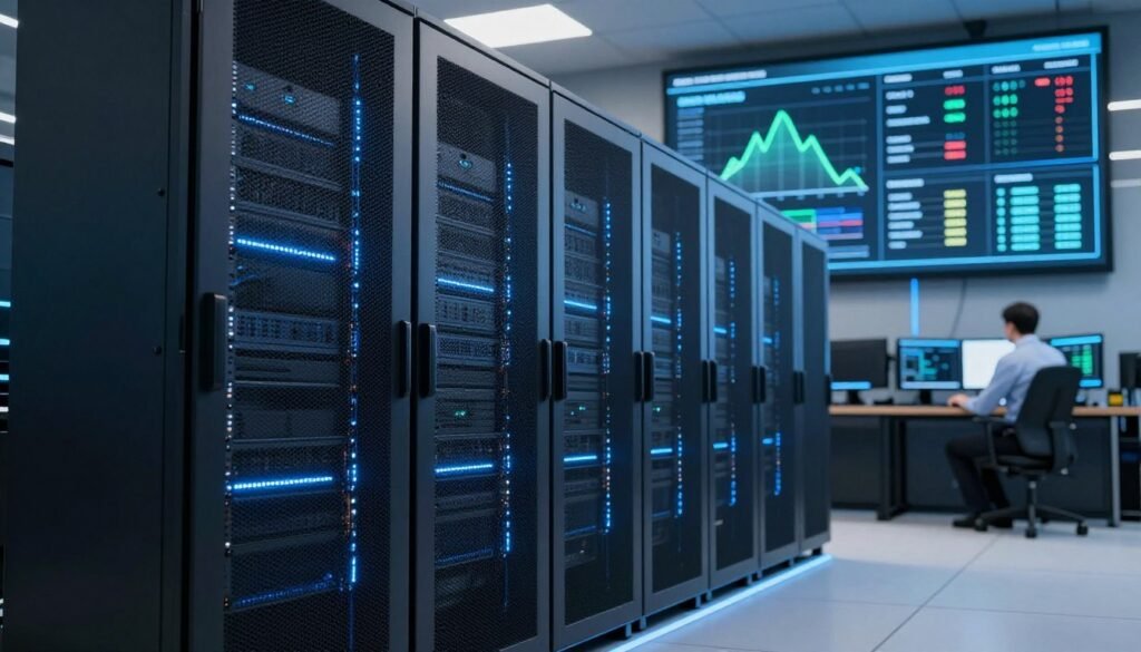 A sleek, modern server room with glowing LED lights casting a soft blue hue in the foreground. In the middle, a row of high-performance servers with active cooling systems, illustrating high uptime and reliability. The background features a large digital display showcasing real-time performance metrics, creating an atmosphere of advanced technology and speed. The scene is illuminated with bright, focused lighting, emphasizing the efficiency of the servers. A professional technician in business attire is monitoring the systems, adding a human element to the technical environment. The entire composition exudes a sense of security, speed, and cutting-edge performance, fitting for a high-tech web hosting service like Liquid Web. A sleek, modern server room with glowing LED lights casting a soft blue hue in the foreground. In the middle, a row of high-performance servers with active cooling systems, illustrating high uptime and reliability. The background features a large digital display showcasing real-time performance metrics, creating an atmosphere of advanced technology and speed. The scene is illuminated with bright, focused lighting, emphasizing the efficiency of the servers. A professional technician in business attire is monitoring the systems, adding a human element to the technical environment. The entire composition exudes a sense of security, speed, and cutting-edge performance, fitting for a high-tech web hosting service like Liquid Web.