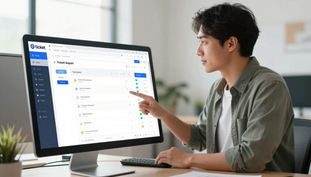A sleek, modern website builder customer support dashboard displayed on a high-resolution computer monitor. In the foreground, a clean, user-friendly interface features key support metrics, a ticketing system, and an intuitive navigation bar, all in vibrant colors. In the middle ground, a professional individual in smart casual attire is interacting with the dashboard, their focused expression reflecting engagement with the support features. In the background, a bright, well-lit office space with soft natural light streaming through large windows creates an inviting atmosphere. The overall mood is positive and productive, suggesting efficiency and readiness to assist customers. Capture the scene from a slightly angled perspective to emphasize the depth of the workspace while maintaining clarity on the dashboard details. A sleek, modern website builder customer support dashboard displayed on a high-resolution computer monitor. In the foreground, a clean, user-friendly interface features key support metrics, a ticketing system, and an intuitive navigation bar, all in vibrant colors. In the middle ground, a professional individual in smart casual attire is interacting with the dashboard, their focused expression reflecting engagement with the support features. In the background, a bright, well-lit office space with soft natural light streaming through large windows creates an inviting atmosphere. The overall mood is positive and productive, suggesting efficiency and readiness to assist customers. Capture the scene from a slightly angled perspective to emphasize the depth of the workspace while maintaining clarity on the dashboard details.