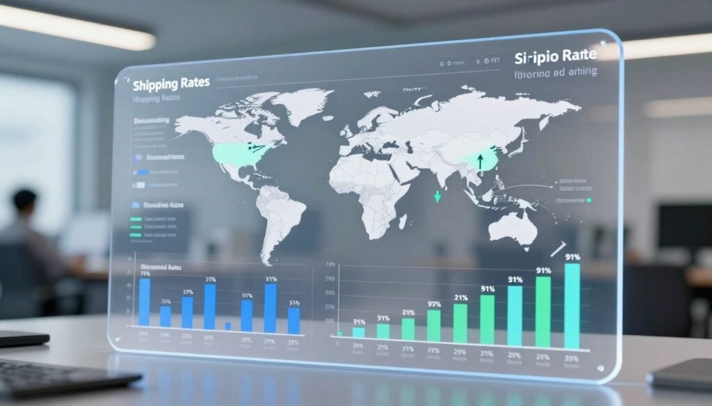 A sleek, transparent dashboard displaying shipping rates comparison, showcasing various international shipping options with a clear visual hierarchy. In the foreground, neatly organized graphs and charts illustrate discounted rates, such as bar graphs in shades of blue and green, indicating potential savings of up to 91%. In the middle, a digital map highlights global shipping routes with arrows pointing to major cities, emphasizing connectivity. The background features a soft-focus office setting with ambient light, creating a professional atmosphere. The dashboard is illuminated with a bright, modern feel, using overhead lighting to enhance readability. Capture a sense of efficiency and innovation, with clean lines and a minimalist aesthetic that reinforces reliability in global shipping. A sleek, transparent dashboard displaying shipping rates comparison, showcasing various international shipping options with a clear visual hierarchy. In the foreground, neatly organized graphs and charts illustrate discounted rates, such as bar graphs in shades of blue and green, indicating potential savings of up to 91%. In the middle, a digital map highlights global shipping routes with arrows pointing to major cities, emphasizing connectivity. The background features a soft-focus office setting with ambient light, creating a professional atmosphere. The dashboard is illuminated with a bright, modern feel, using overhead lighting to enhance readability. Capture a sense of efficiency and innovation, with clean lines and a minimalist aesthetic that reinforces reliability in global shipping.
