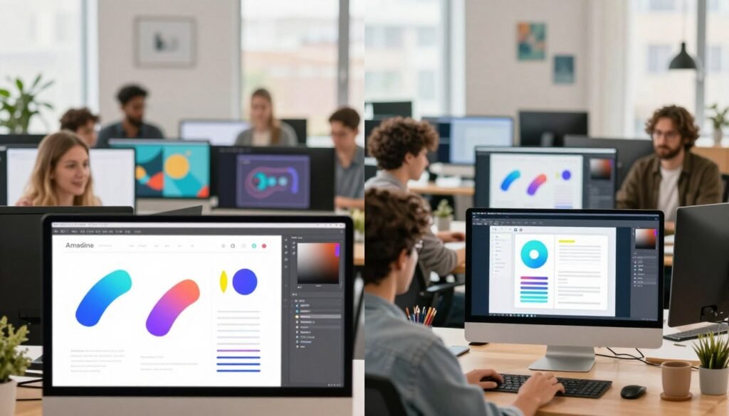 A split-screen design showcasing a comparison of vector design software, featuring Amadine on one side and its competitors on the other. In the foreground, sleek, colorful interface elements such as curves, shapes, and typography tools represent Amadine, contrasted by interfaces of other software in less vibrant tones. The middle layer should display diverse, professional individuals engaged in graphic design work, dressed in business casual attire, examining software screens with focused expressions. In the background, a modern, well-lit office environment with large windows and creative decor adds to the atmosphere. Use soft, even lighting to enhance the clarity of the software interfaces, with a slight depth of field effect to emphasize the foreground objects. The overall mood should be inspiring, reflecting creativity and professionalism. A split-screen design showcasing a comparison of vector design software, featuring Amadine on one side and its competitors on the other. In the foreground, sleek, colorful interface elements such as curves, shapes, and typography tools represent Amadine, contrasted by interfaces of other software in less vibrant tones. The middle layer should display diverse, professional individuals engaged in graphic design work, dressed in business casual attire, examining software screens with focused expressions. In the background, a modern, well-lit office environment with large windows and creative decor adds to the atmosphere. Use soft, even lighting to enhance the clarity of the software interfaces, with a slight depth of field effect to emphasize the foreground objects. The overall mood should be inspiring, reflecting creativity and professionalism.