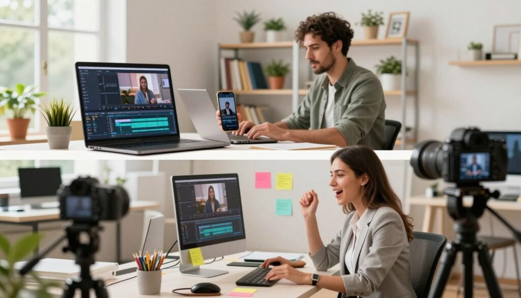 A vibrant and dynamic workspace scene showing diverse content creators in action, divided into three layers. In the foreground, a woman in professional business attire enthusiastically working on a desktop, surrounded by colorful sticky notes and a camera on a tripod, capturing video content. The middle layer features a focused man editing a video on a laptop, showcasing a split-screen with editing software visible, while a smartphone captures another angle. In the background, bright and inviting shelves filled with books and plants create an inspiring atmosphere. Soft, natural lighting floods the space, with sunlight pouring in through large windows. The mood is energetic and collaborative, illustrating the ideal use cases for video creation and editing with Invideo AI software. A vibrant and dynamic workspace scene showing diverse content creators in action, divided into three layers. In the foreground, a woman in professional business attire enthusiastically working on a desktop, surrounded by colorful sticky notes and a camera on a tripod, capturing video content. The middle layer features a focused man editing a video on a laptop, showcasing a split-screen with editing software visible, while a smartphone captures another angle. In the background, bright and inviting shelves filled with books and plants create an inspiring atmosphere. Soft, natural lighting floods the space, with sunlight pouring in through large windows. The mood is energetic and collaborative, illustrating the ideal use cases for video creation and editing with Invideo AI software.