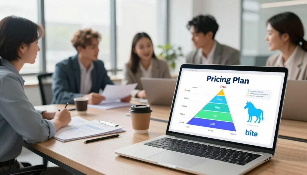 A vibrant and informative illustration depicting a digital pricing plan for Spocket's dropshipping platform. In the foreground, showcase a sleek laptop displaying a clear and colorful infographic that highlights different pricing tiers, creatively representing options from free to "unicorn" level. In the middle, include professional business attire individuals engaged in discussion, analyzing the pricing plan, surrounded by various financial documents and coffee cups, to evoke collaboration and strategy. The background features a modern office setting with large windows allowing natural light to flood the scene, creating a bright and optimistic atmosphere. Capture this scene from a slightly elevated angle to emphasize the interactions and the laptop's details, maintaining a focus on professionalism and clarity throughout the image. A vibrant and informative illustration depicting a digital pricing plan for Spocket's dropshipping platform. In the foreground, showcase a sleek laptop displaying a clear and colorful infographic that highlights different pricing tiers, creatively representing options from free to "unicorn" level. In the middle, include professional business attire individuals engaged in discussion, analyzing the pricing plan, surrounded by various financial documents and coffee cups, to evoke collaboration and strategy. The background features a modern office setting with large windows allowing natural light to flood the scene, creating a bright and optimistic atmosphere. Capture this scene from a slightly elevated angle to emphasize the interactions and the laptop's details, maintaining a focus on professionalism and clarity throughout the image.
