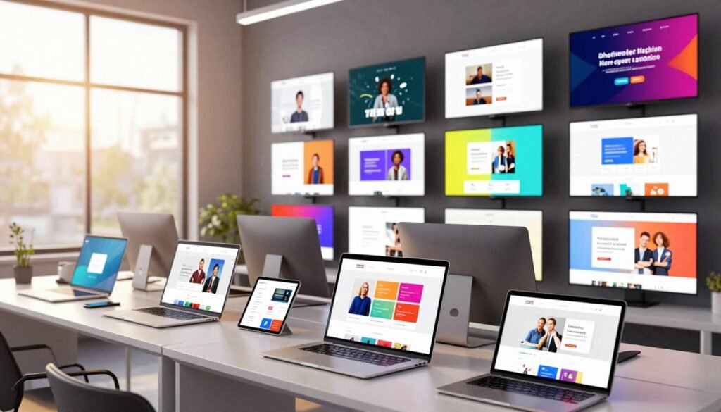 A vibrant and modern design template library, showcasing an expansive array of colorful digital templates. In the foreground, a sleek, stylish desk filled with laptops and tablets displaying diverse designs, including social media posts, business cards, and presentations. The middle section features tall shelves lined with glowing screens, each showcasing various templates, creating a feeling of endless creative possibilities. In the background, large windows allow warm sunlight to illuminate the space, casting soft shadows. The atmosphere is one of productivity and inspiration, capturing the essence of creativity in a contemporary workspace. The composition is well-lit, with a focus on clarity and detail, presenting an inviting and dynamic environment for designers. A vibrant and modern design template library, showcasing an expansive array of colorful digital templates. In the foreground, a sleek, stylish desk filled with laptops and tablets displaying diverse designs, including social media posts, business cards, and presentations. The middle section features tall shelves lined with glowing screens, each showcasing various templates, creating a feeling of endless creative possibilities. In the background, large windows allow warm sunlight to illuminate the space, casting soft shadows. The atmosphere is one of productivity and inspiration, capturing the essence of creativity in a contemporary workspace. The composition is well-lit, with a focus on clarity and detail, presenting an inviting and dynamic environment for designers.