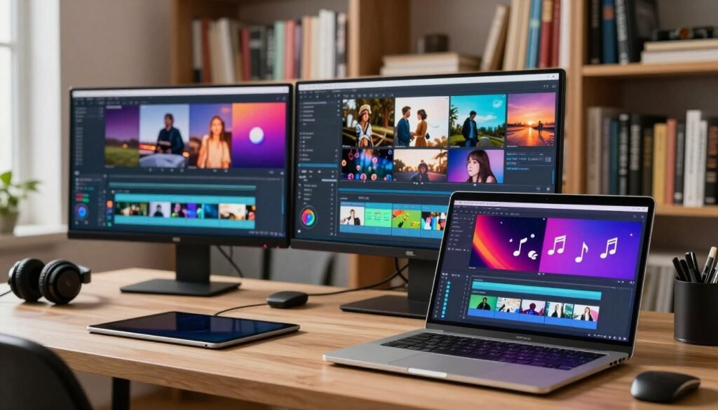 A vibrant and modern video editing workspace, showcasing a diverse collection of video templates and musical scores arranged on a sleek digital interface. In the foreground, a professional-looking laptop displays an intuitive video editing software with colorful templates and musical notes floating above it. In the middle, a well-organized desk cluttered with devices like a tablet and headphones, all under warm, natural lighting that creates an inviting atmosphere. The background features a large bookshelf filled with resourceful books about video editing and multimedia, providing depth and a sense of creativity. The overall mood should be inspiring and energetic, reflecting a workspace designed for both beginners and professionals eager to create stunning videos. A vibrant and modern video editing workspace, showcasing a diverse collection of video templates and musical scores arranged on a sleek digital interface. In the foreground, a professional-looking laptop displays an intuitive video editing software with colorful templates and musical notes floating above it. In the middle, a well-organized desk cluttered with devices like a tablet and headphones, all under warm, natural lighting that creates an inviting atmosphere. The background features a large bookshelf filled with resourceful books about video editing and multimedia, providing depth and a sense of creativity. The overall mood should be inspiring and energetic, reflecting a workspace designed for both beginners and professionals eager to create stunning videos.