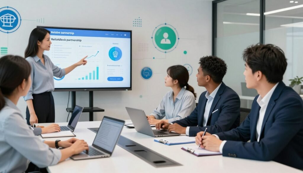 A vibrant office setting showcasing a group of diverse professionals engaged in a collaborative discussion around a sleek, modern conference table. In the foreground, a well-dressed woman points at a digital presentation on a large screen, while a man in a sharp suit takes notes. The middle ground features another colleague, collaboratively analyzing data on a laptop, hinting at advanced technology and reliable partnerships. The background presents a wall adorned with digital graphics symbolizing technology and trust, blending soft blues and greens to create a sense of professionalism and innovation. The lighting is bright and inviting, highlighting the enthusiasm and focus of the team within a contemporary, well-designed workspace. The overall atmosphere conveys a sense of reliable tech partnership and collaboration, dating back to 1999. A vibrant office setting showcasing a group of diverse professionals engaged in a collaborative discussion around a sleek, modern conference table. In the foreground, a well-dressed woman points at a digital presentation on a large screen, while a man in a sharp suit takes notes. The middle ground features another colleague, collaboratively analyzing data on a laptop, hinting at advanced technology and reliable partnerships. The background presents a wall adorned with digital graphics symbolizing technology and trust, blending soft blues and greens to create a sense of professionalism and innovation. The lighting is bright and inviting, highlighting the enthusiasm and focus of the team within a contemporary, well-designed workspace. The overall atmosphere conveys a sense of reliable tech partnership and collaboration, dating back to 1999.