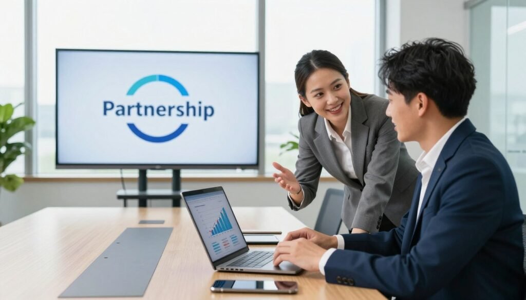 A vibrant office setting showcasing a successful technology partnership in progress. In the foreground, two diverse professionals in business attire, a man and a woman, are engaged in lively discussion over a laptop, with graphs and charts visible on the screen, indicating growth and innovation. In the middle ground, a modern conference table is surrounded by tech tools like tablets and smartphones, while a large digital screen displays a partnership logo. The background features large windows allowing natural light to flood the room, creating a bright and positive atmosphere. The overall mood is collaborative and optimistic, symbolizing the beginning of a successful venture with an emphasis on connection and technology. A vibrant office setting showcasing a successful technology partnership in progress. In the foreground, two diverse professionals in business attire, a man and a woman, are engaged in lively discussion over a laptop, with graphs and charts visible on the screen, indicating growth and innovation. In the middle ground, a modern conference table is surrounded by tech tools like tablets and smartphones, while a large digital screen displays a partnership logo. The background features large windows allowing natural light to flood the room, creating a bright and positive atmosphere. The overall mood is collaborative and optimistic, symbolizing the beginning of a successful venture with an emphasis on connection and technology.