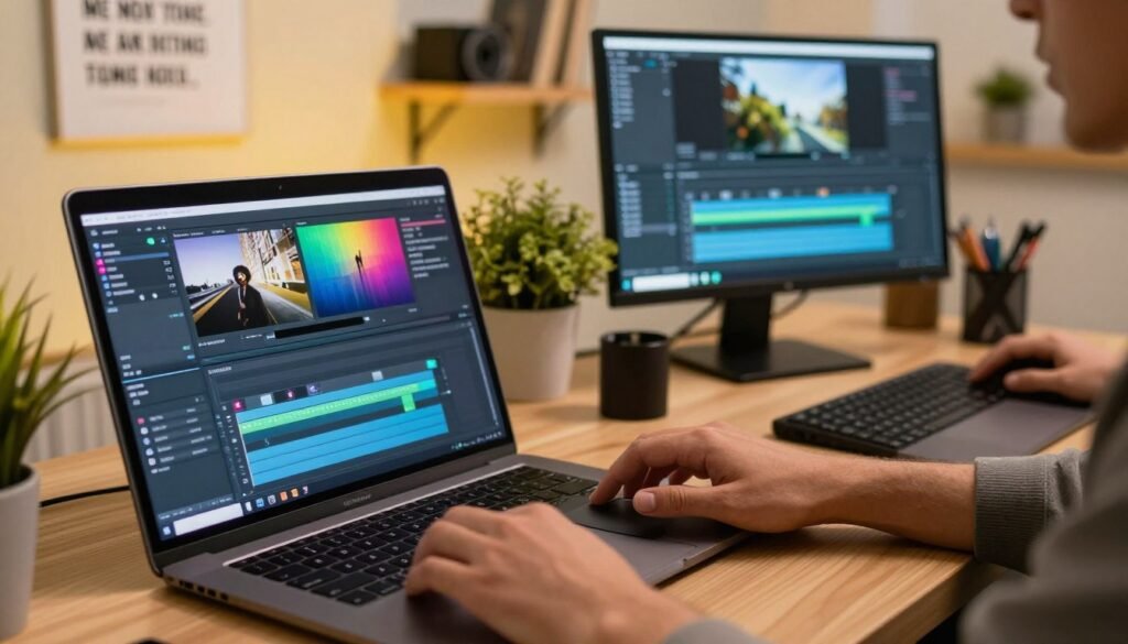 A vibrant workspace scene focusing on a detailed computer interface showcasing a video editing software. In the foreground, there is a modern laptop displaying colorful video clips and editing tools in use. A pair of hands, dressed in smart casual attire, interact with the touchpad, creating a dynamic feel. In the middle ground, a stylish office setup with an inspirational quote on a wall poster, plants for a fresh atmosphere, and a sleek monitor showing a timeline of editing steps. The background features soft-focus shelves with books and film production items, illuminated by warm yellow lighting that enhances a productive yet relaxed mood. The angle is slightly overhead, providing a comprehensive view of the creative process. A vibrant workspace scene focusing on a detailed computer interface showcasing a video editing software. In the foreground, there is a modern laptop displaying colorful video clips and editing tools in use. A pair of hands, dressed in smart casual attire, interact with the touchpad, creating a dynamic feel. In the middle ground, a stylish office setup with an inspirational quote on a wall poster, plants for a fresh atmosphere, and a sleek monitor showing a timeline of editing steps. The background features soft-focus shelves with books and film production items, illuminated by warm yellow lighting that enhances a productive yet relaxed mood. The angle is slightly overhead, providing a comprehensive view of the creative process.
