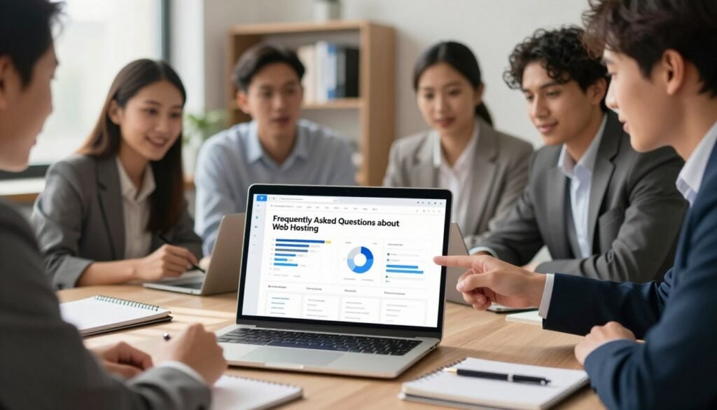 A visually appealing digital art piece depicting the concept of "Frequently Asked Questions about Web Hosting." In the foreground, a sleek laptop displays a modern web hosting dashboard with graphical charts and statistics, surrounded by notepads and pens. In the middle ground, a group of diverse individuals, dressed in professional business attire, are engaged in a discussion, pointing towards the laptop screen. The background features a blurred office environment with shelves filled with technology books, creating an atmosphere of productivity and learning. Soft, natural lighting streams in through a window, casting gentle shadows. The overall mood conveys clarity, professionalism, and a focus on technology, suitable for an informative article about web hosting. A visually appealing digital art piece depicting the concept of "Frequently Asked Questions about Web Hosting." In the foreground, a sleek laptop displays a modern web hosting dashboard with graphical charts and statistics, surrounded by notepads and pens. In the middle ground, a group of diverse individuals, dressed in professional business attire, are engaged in a discussion, pointing towards the laptop screen. The background features a blurred office environment with shelves filled with technology books, creating an atmosphere of productivity and learning. Soft, natural lighting streams in through a window, casting gentle shadows. The overall mood conveys clarity, professionalism, and a focus on technology, suitable for an informative article about web hosting.