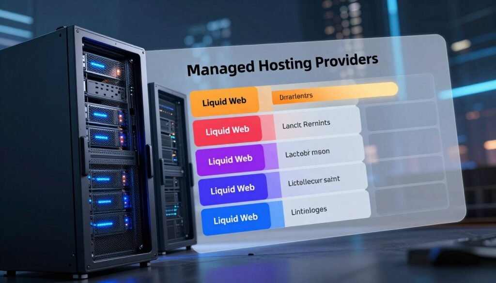 A visually engaging comparison between various managed hosting providers, showcasing Liquid Web prominently in the foreground. The image features sleek, modern server racks with glowing LEDs, representing robust hosting solutions. In the middle ground, create an elegant chart with distinct sections for different providers, highlighting Liquid Web with a vibrant color, emphasizing its strengths. The background should include a soft-focus, digital cityscape, suggesting advanced technology and innovation. Use soft, ambient lighting to convey a professional and trustworthy atmosphere, with a slight tilt-angle perspective to add depth. The overall mood should be confident and forward-looking, encouraging viewers to delve deeper into the topic. A visually engaging comparison between various managed hosting providers, showcasing Liquid Web prominently in the foreground. The image features sleek, modern server racks with glowing LEDs, representing robust hosting solutions. In the middle ground, create an elegant chart with distinct sections for different providers, highlighting Liquid Web with a vibrant color, emphasizing its strengths. The background should include a soft-focus, digital cityscape, suggesting advanced technology and innovation. Use soft, ambient lighting to convey a professional and trustworthy atmosphere, with a slight tilt-angle perspective to add depth. The overall mood should be confident and forward-looking, encouraging viewers to delve deeper into the topic.