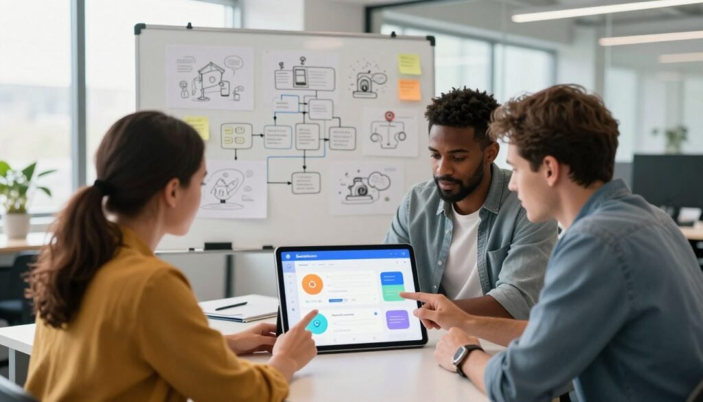 A visually engaging illustration depicting the process of transforming an idea into a mobile application using Bubble. In the foreground, a diverse group of three professionals—one woman and two men—collaborate around a large tablet showing a colorful app interface. They are dressed in smart casual attire, focusing intently on the screen. In the middle ground, various sketches and sticky notes on a whiteboard illustrate brainstorming ideas and flowcharts outlining the app development steps. The background features a modern office setting with large windows letting in natural light, creating a bright and inspiring atmosphere. Soft, warm lighting enhances the collaborative mood. The angle is slightly elevated, giving a panoramic view of the workspace while emphasizing teamwork and creativity. A visually engaging illustration depicting the process of transforming an idea into a mobile application using Bubble. In the foreground, a diverse group of three professionals—one woman and two men—collaborate around a large tablet showing a colorful app interface. They are dressed in smart casual attire, focusing intently on the screen. In the middle ground, various sketches and sticky notes on a whiteboard illustrate brainstorming ideas and flowcharts outlining the app development steps. The background features a modern office setting with large windows letting in natural light, creating a bright and inspiring atmosphere. Soft, warm lighting enhances the collaborative mood. The angle is slightly elevated, giving a panoramic view of the workspace while emphasizing teamwork and creativity.