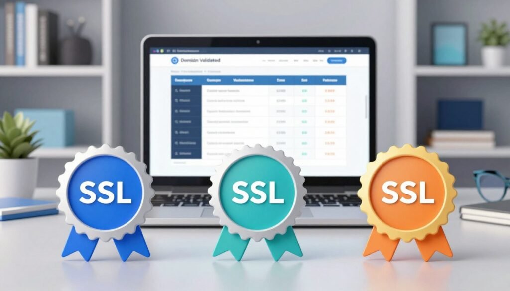 A visually engaging infographic-style illustration comparing SSL certificate options, prominently featuring three distinct SSL certificate types: Domain Validated, Organization Validated, and Extended Validation. In the foreground, showcase these certificates artistically displayed as digital badges, each with unique color schemes and icons representing their specifications. In the middle ground, a sleek laptop screen displays an open webpage with a comparative table highlighting key features and prices, illuminated by soft, diffused lighting to create a professional ambiance. The background should consist of a modern office setting, suggesting a tech-savvy environment, with shelves showcasing tech books and digital devices. The overall mood is informative and trustworthy, with a focus on cybersecurity and website protection, depicted in a clean and polished design. A visually engaging infographic-style illustration comparing SSL certificate options, prominently featuring three distinct SSL certificate types: Domain Validated, Organization Validated, and Extended Validation. In the foreground, showcase these certificates artistically displayed as digital badges, each with unique color schemes and icons representing their specifications. In the middle ground, a sleek laptop screen displays an open webpage with a comparative table highlighting key features and prices, illuminated by soft, diffused lighting to create a professional ambiance. The background should consist of a modern office setting, suggesting a tech-savvy environment, with shelves showcasing tech books and digital devices. The overall mood is informative and trustworthy, with a focus on cybersecurity and website protection, depicted in a clean and polished design.