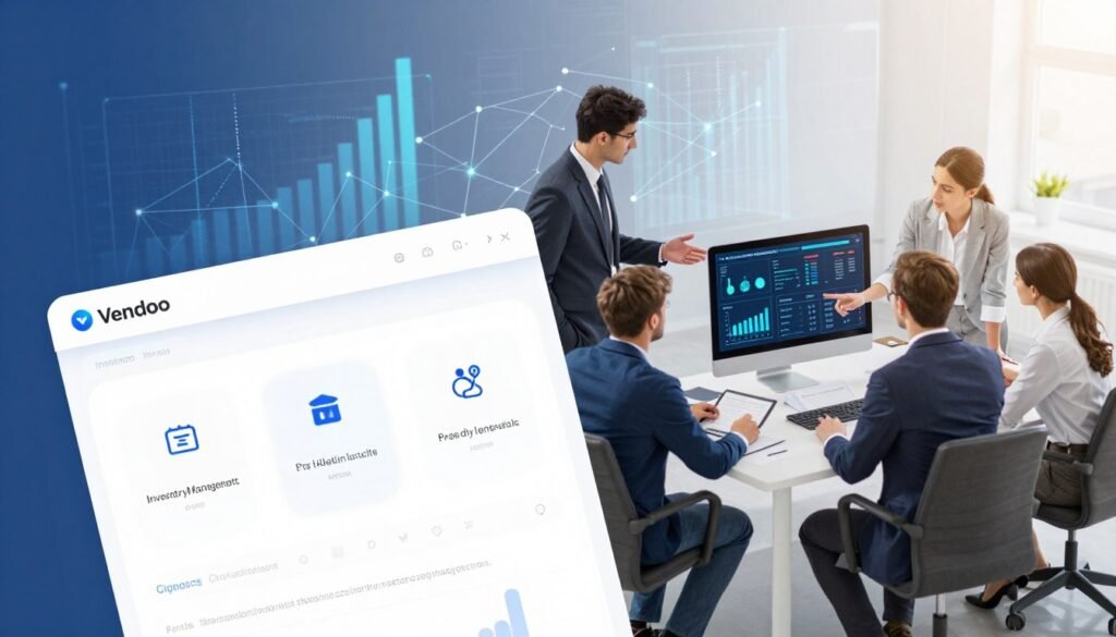 A visually engaging representation of the key features of the Vendoo sales platform, showcasing various elements in a modern, tech-inspired design. In the foreground, display a user interface with highlighted icons for inventory management, cross-channel integration, and sales analytics. In the middle, depict a dynamic workspace with professionals in smart business attire collaboratively discussing strategies; one person is interacting with a screen displaying performance metrics. In the background, illustrate a digital landscape with stylized graphs and network connections symbolizing connectivity. Utilize soft lighting to create a bright, inviting atmosphere, emphasizing innovation and teamwork. The angle should be slightly elevated to capture both the interface and the collaborative environment effectively. A visually engaging representation of the key features of the Vendoo sales platform, showcasing various elements in a modern, tech-inspired design. In the foreground, display a user interface with highlighted icons for inventory management, cross-channel integration, and sales analytics. In the middle, depict a dynamic workspace with professionals in smart business attire collaboratively discussing strategies; one person is interacting with a screen displaying performance metrics. In the background, illustrate a digital landscape with stylized graphs and network connections symbolizing connectivity. Utilize soft lighting to create a bright, inviting atmosphere, emphasizing innovation and teamwork. The angle should be slightly elevated to capture both the interface and the collaborative environment effectively.