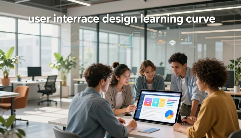 A visually striking illustration of a "user interface design learning curve" in a modern workspace. In the foreground, a diverse group of three professionals, representing different demographics, are engaged in a collaborative discussion over a large digital tablet displaying a colorful UI design. The middle ground features a sleek, contemporary office environment with stylish furniture, potted plants, and large windows providing natural light. In the background, there are abstract graphs and icons symbolizing user experience metrics, subtly integrated into the office's glass walls. The lighting is bright and inviting, casting soft shadows for depth. The atmosphere is one of innovation and creativity, showcasing the dynamic nature of learning in graphic design. A visually striking illustration of a "user interface design learning curve" in a modern workspace. In the foreground, a diverse group of three professionals, representing different demographics, are engaged in a collaborative discussion over a large digital tablet displaying a colorful UI design. The middle ground features a sleek, contemporary office environment with stylish furniture, potted plants, and large windows providing natural light. In the background, there are abstract graphs and icons symbolizing user experience metrics, subtly integrated into the office's glass walls. The lighting is bright and inviting, casting soft shadows for depth. The atmosphere is one of innovation and creativity, showcasing the dynamic nature of learning in graphic design.