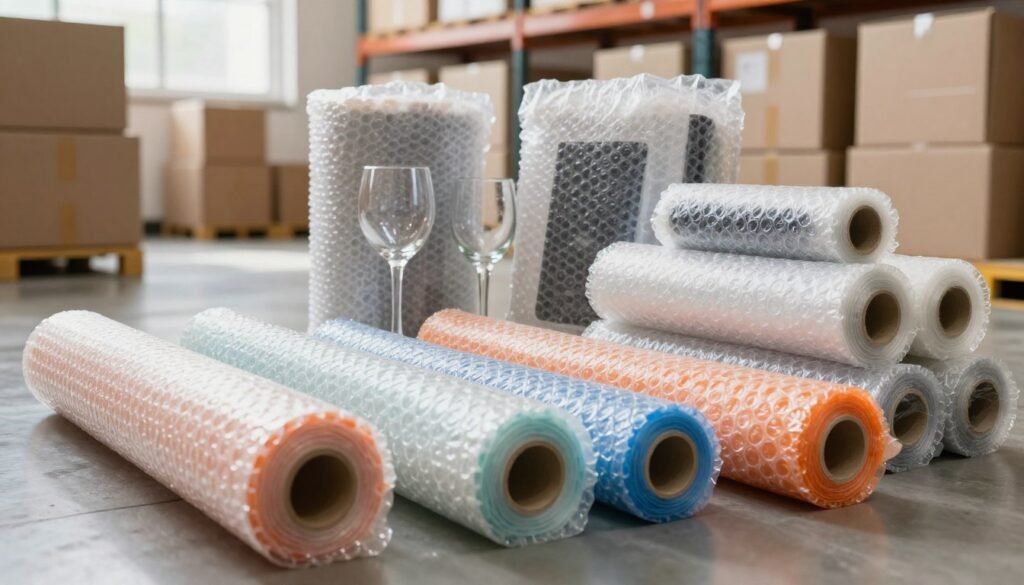 A visually striking image depicting the core benefits of bubble wrap packaging for shipping. In the foreground, a colorful explosion of bubble wrap rolls and sheets, each showcasing different sizes and textures. The middle ground features carefully wrapped fragile items like glassware and electronics, demonstrating effective cushioning. The background presents a light-filled shipping warehouse, with stacks of neatly labeled boxes ready for dispatch. Soft, natural lighting illuminates the scene, creating a warm and inviting atmosphere. The angle is slightly tilted downward, emphasizing the layers of protection offered by bubble wrap, while maintaining a professional, organized look that conveys reliability and safety in shipping. A visually striking image depicting the core benefits of bubble wrap packaging for shipping. In the foreground, a colorful explosion of bubble wrap rolls and sheets, each showcasing different sizes and textures. The middle ground features carefully wrapped fragile items like glassware and electronics, demonstrating effective cushioning. The background presents a light-filled shipping warehouse, with stacks of neatly labeled boxes ready for dispatch. Soft, natural lighting illuminates the scene, creating a warm and inviting atmosphere. The angle is slightly tilted downward, emphasizing the layers of protection offered by bubble wrap, while maintaining a professional, organized look that conveys reliability and safety in shipping.