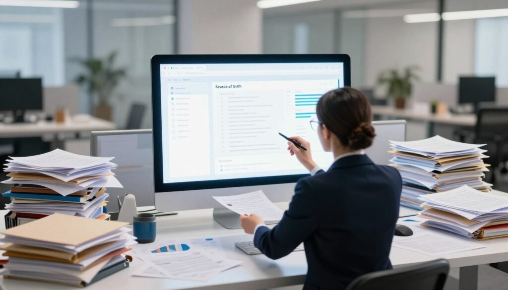A visually striking representation of a single source of truth, symbolized by a modern, sleek digital platform displaying clear documentation, surrounded by a chaotic background of scattered papers, folders, and documents. In the foreground, a professional businessperson in smart attire, confidently organizing these materials into a unified, cohesive digital format. The middle ground features a glowing screen showcasing a user-friendly interface, emphasizing clarity and efficiency. The background fades into a blurred office environment with gentle ambient lighting, creating a clean and professional atmosphere. Use a wide-angle lens to capture the action in a dynamic way, ensuring a sense of organization overcoming chaos, reflecting the importance of streamlined operations. A visually striking representation of a single source of truth, symbolized by a modern, sleek digital platform displaying clear documentation, surrounded by a chaotic background of scattered papers, folders, and documents. In the foreground, a professional businessperson in smart attire, confidently organizing these materials into a unified, cohesive digital format. The middle ground features a glowing screen showcasing a user-friendly interface, emphasizing clarity and efficiency. The background fades into a blurred office environment with gentle ambient lighting, creating a clean and professional atmosphere. Use a wide-angle lens to capture the action in a dynamic way, ensuring a sense of organization overcoming chaos, reflecting the importance of streamlined operations.