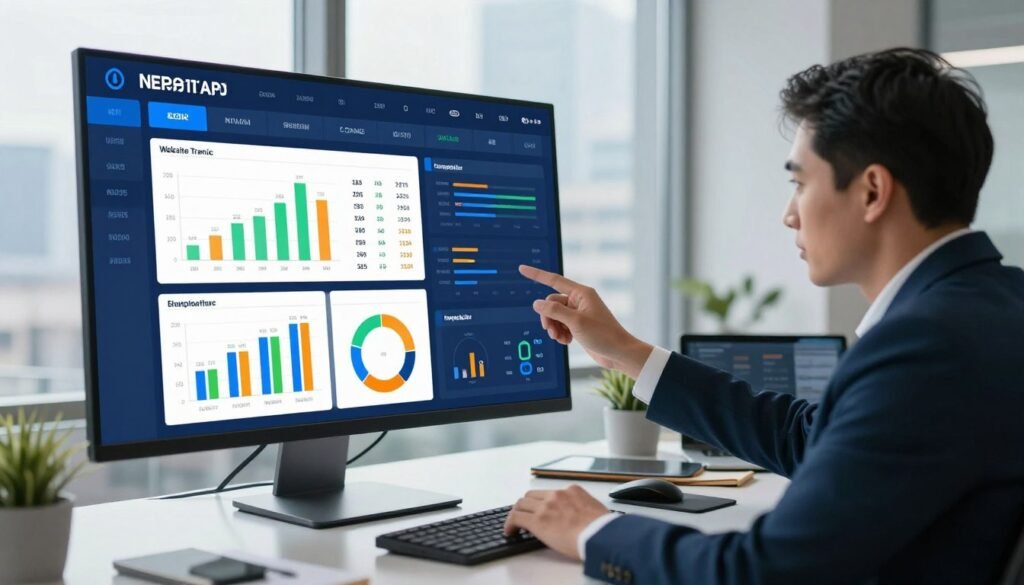 An illustrated competitor traffic analysis dashboard displayed on a sleek digital screen, set in an upscale office environment. In the foreground, graphs and charts represent website traffic metrics and competitive insights, with vivid colors like blue, green, and orange. In the middle, a professional in business attire analyzes the data intently, showing a focused expression, while seated at a modern desk with a laptop and notepad. The background features a large window with a cityscape view, allowing natural light to flood the room. The atmosphere is one of concentration and strategy, highlighting the importance of informed decision-making in SEO. The composition emphasizes clarity and modernity, making the data easily accessible and engaging. An illustrated competitor traffic analysis dashboard displayed on a sleek digital screen, set in an upscale office environment. In the foreground, graphs and charts represent website traffic metrics and competitive insights, with vivid colors like blue, green, and orange. In the middle, a professional in business attire analyzes the data intently, showing a focused expression, while seated at a modern desk with a laptop and notepad. The background features a large window with a cityscape view, allowing natural light to flood the room. The atmosphere is one of concentration and strategy, highlighting the importance of informed decision-making in SEO. The composition emphasizes clarity and modernity, making the data easily accessible and engaging.