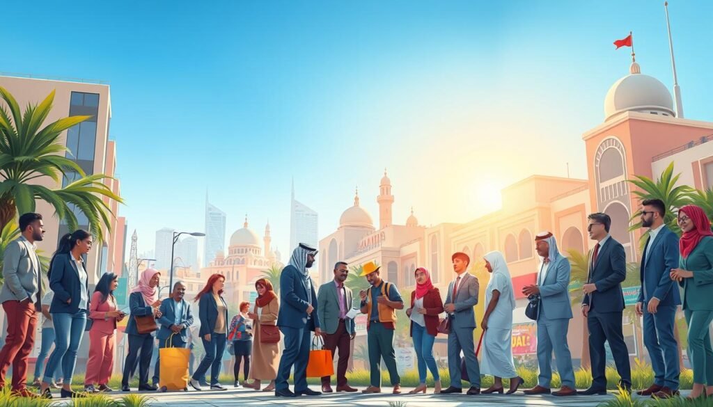 A detailed and vibrant illustration depicting the concept of volunteerism in the Arab world in 2026. In the foreground, a diverse group of volunteers from various backgrounds, dressed in professional business attire and engaged in different volunteer activities, such as helping the community, mentoring children, and participating in environmental cleanup. The middle ground features a bustling urban scene with iconic Arab architecture, showcasing a vibrant cultural backdrop. In the background, soft sunlight filters through a clear blue sky, casting a warm glow over the scene, creating an uplifting atmosphere. The image should convey a sense of unity, hope, and progress in volunteer efforts across the region, with a focus on collaboration and community impact. The composition should be dynamic, capturing both the individuals and the lively interaction within their environment. A detailed and vibrant illustration depicting the concept of volunteerism in the Arab world in 2026. In the foreground, a diverse group of volunteers from various backgrounds, dressed in professional business attire and engaged in different volunteer activities, such as helping the community, mentoring children, and participating in environmental cleanup. The middle ground features a bustling urban scene with iconic Arab architecture, showcasing a vibrant cultural backdrop. In the background, soft sunlight filters through a clear blue sky, casting a warm glow over the scene, creating an uplifting atmosphere. The image should convey a sense of unity, hope, and progress in volunteer efforts across the region, with a focus on collaboration and community impact. The composition should be dynamic, capturing both the individuals and the lively interaction within their environment.