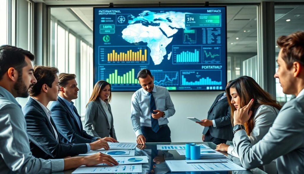 A detailed financial performance analysis of international financial institutions in the Arab region. In the foreground, a diverse group of professionals in formal business attire is engaged in discussion, examining charts and graphs on a table. The middle ground features a large digital screen displaying financial metrics, trends, and maps of the Arab region. The background includes a modern office environment with floor-to-ceiling windows, allowing for natural light to fill the space, casting soft shadows. The atmosphere is focused and dynamic, conveying a sense of collaboration and analytical rigor. The lighting is bright and clear, emphasizing the serious nature of financial analysis. Use a slightly elevated angle to capture the interaction among the people and the screens, enhancing the sense of teamwork in a corporate setting. A detailed financial performance analysis of international financial institutions in the Arab region. In the foreground, a diverse group of professionals in formal business attire is engaged in discussion, examining charts and graphs on a table. The middle ground features a large digital screen displaying financial metrics, trends, and maps of the Arab region. The background includes a modern office environment with floor-to-ceiling windows, allowing for natural light to fill the space, casting soft shadows. The atmosphere is focused and dynamic, conveying a sense of collaboration and analytical rigor. The lighting is bright and clear, emphasizing the serious nature of financial analysis. Use a slightly elevated angle to capture the interaction among the people and the screens, enhancing the sense of teamwork in a corporate setting.