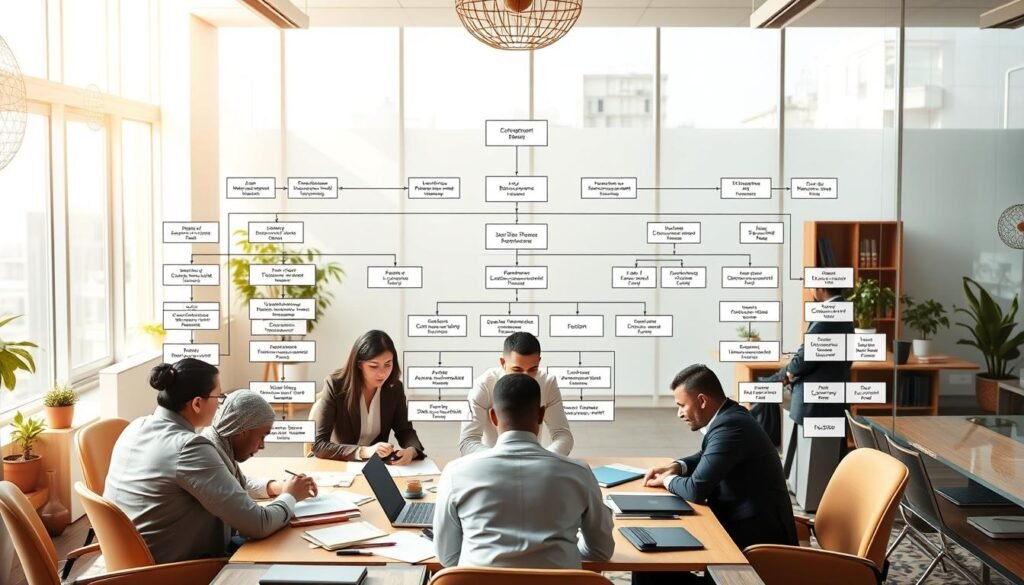 A detailed organizational chart illustrating the structure and mechanisms of operation of non-governmental organizations (NGOs) in Morocco. In the foreground, a diverse group of professionals dressed in business attire collaborates around a large table filled with documents and digital devices. The middle ground features an engaging organizational flowchart, with clear connections between various departments and roles, showcasing communication and workflow. In the background, a modern office environment with Moroccan-inspired decor, including traditional motifs, enhances cultural relevance. Soft, natural lighting filters through large windows, creating a productive and inviting atmosphere. The angle captures a dynamic perspective, emphasizing teamwork and innovative ideas, evoking a sense of purpose and collaboration in the NGO sector. A detailed organizational chart illustrating the structure and mechanisms of operation of non-governmental organizations (NGOs) in Morocco. In the foreground, a diverse group of professionals dressed in business attire collaborates around a large table filled with documents and digital devices. The middle ground features an engaging organizational flowchart, with clear connections between various departments and roles, showcasing communication and workflow. In the background, a modern office environment with Moroccan-inspired decor, including traditional motifs, enhances cultural relevance. Soft, natural lighting filters through large windows, creating a productive and inviting atmosphere. The angle captures a dynamic perspective, emphasizing teamwork and innovative ideas, evoking a sense of purpose and collaboration in the NGO sector.
