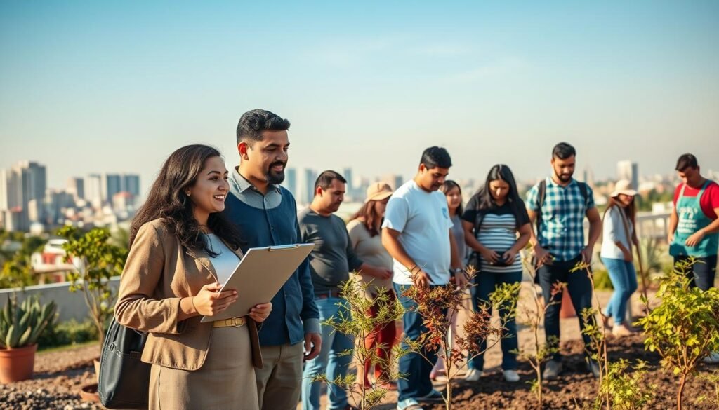 A diverse group of Arab social activists passionately engaging in a community project, set against a vibrant urban backdrop. In the foreground, a young woman wearing a professional business attire holds a clipboard while discussing plans with a middle-aged man in modest casual clothing. In the middle, a group of volunteers, reflecting various backgrounds, works together to plant trees and paint murals, showcasing unity and collaboration. The background features a city skyline with subtle hints of cultural landmarks under a clear blue sky, symbolizing hope and progress. Soft golden sunlight filters through, highlighting their focused expressions, creating a warm, uplifting atmosphere that captures the essence of social change and collective effort. A diverse group of Arab social activists passionately engaging in a community project, set against a vibrant urban backdrop. In the foreground, a young woman wearing a professional business attire holds a clipboard while discussing plans with a middle-aged man in modest casual clothing. In the middle, a group of volunteers, reflecting various backgrounds, works together to plant trees and paint murals, showcasing unity and collaboration. The background features a city skyline with subtle hints of cultural landmarks under a clear blue sky, symbolizing hope and progress. Soft golden sunlight filters through, highlighting their focused expressions, creating a warm, uplifting atmosphere that captures the essence of social change and collective effort.
