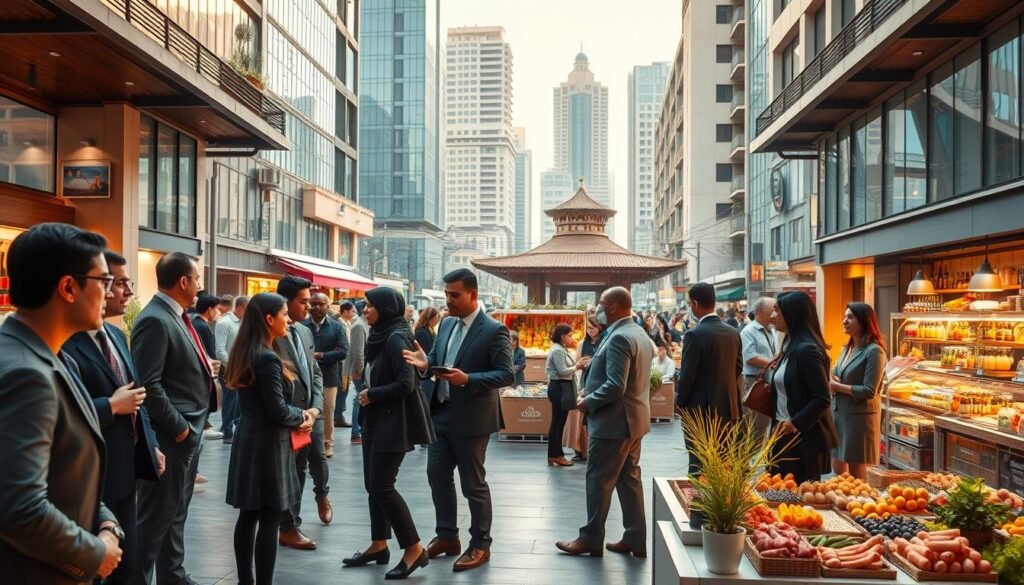 A dynamic scene illustrating the economic and social impacts of civil society leaders in the Arab world. In the foreground, a diverse group of professionals in smart business attire engage in discussions and collaborative activities, representing different sectors such as education, healthcare, and community development. In the middle ground, a vibrant marketplace buzzes with activity, showcasing entrepreneurship and local initiatives influenced by civil society efforts. The background features modern urban architecture alongside traditional elements, symbolizing the blend of innovation and culture. The lighting is warm and inviting, suggesting hope and progress, with a soft focus to emphasize the leaders and their interactions. The overall atmosphere conveys empowerment, growth, and community engagement. A dynamic scene illustrating the economic and social impacts of civil society leaders in the Arab world. In the foreground, a diverse group of professionals in smart business attire engage in discussions and collaborative activities, representing different sectors such as education, healthcare, and community development. In the middle ground, a vibrant marketplace buzzes with activity, showcasing entrepreneurship and local initiatives influenced by civil society efforts. The background features modern urban architecture alongside traditional elements, symbolizing the blend of innovation and culture. The lighting is warm and inviting, suggesting hope and progress, with a soft focus to emphasize the leaders and their interactions. The overall atmosphere conveys empowerment, growth, and community engagement.